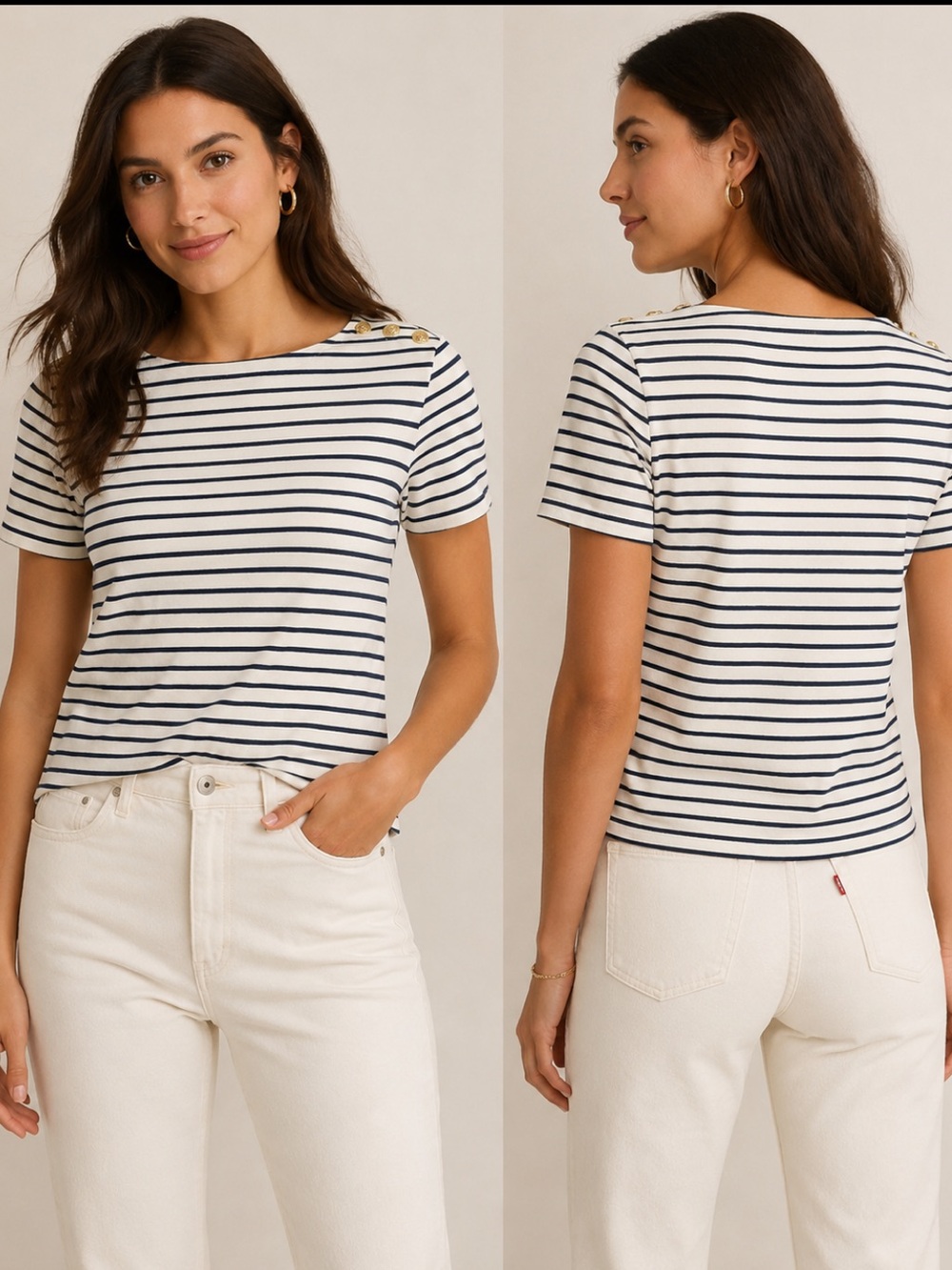J. Crew Stripped Sailor Tee Gold Button Shoulder Blouse, Europe Trip Sz S - Picture 1 of 7